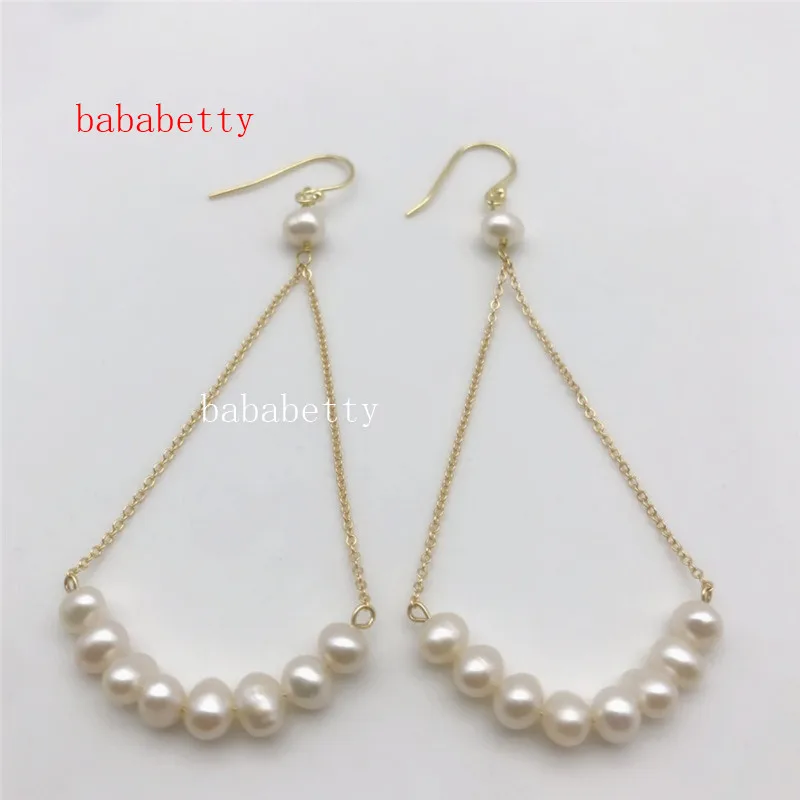 

Fashion new elegant natural freshwater pearl handmade 5-6MM Potato shape white pearl swing earrings