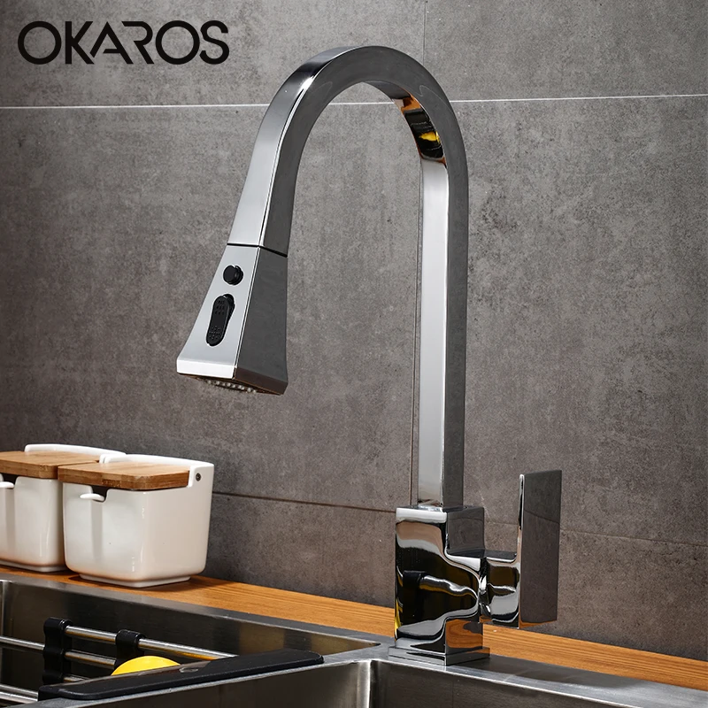 

OKAROS Pull Out Kitchen Sink Faucet With Hand Shower Single Lever Chrome Mixer Tap with Two Jet C042C