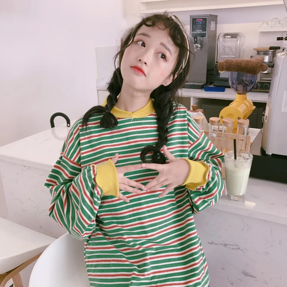 2019 Женская японская панк Harajuku Ulzzang Корейская полосатая свободная хлопковая