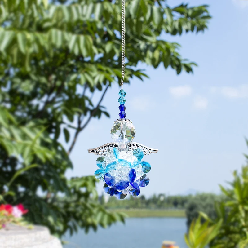 

H&D Crystal Guardian Angel Window Sun Catcher with Beads Ball Rainbow Maker Home Decor Gift Car Charm for Rear View Mirror(Blue)
