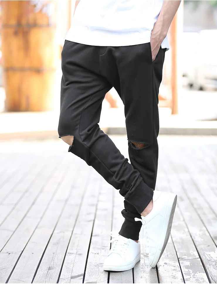 Сломанной мужские эластичные штаны для отдыха Хлопок Пот Штаны мужские рваные повседневные штаны модные мужские Облегающие штаны