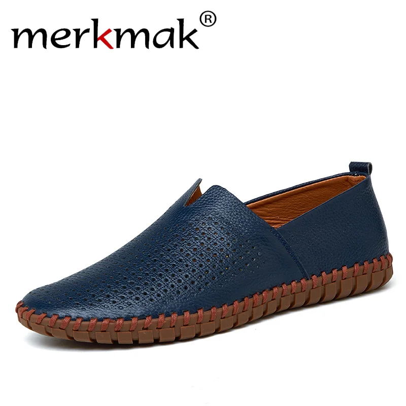 Genuine Cow Leather Men Loafers 2018 Fashion Handmade Moccasins Leather Men Flats Blue Slip On Men’s Boat Shoe Plus Size 38~47