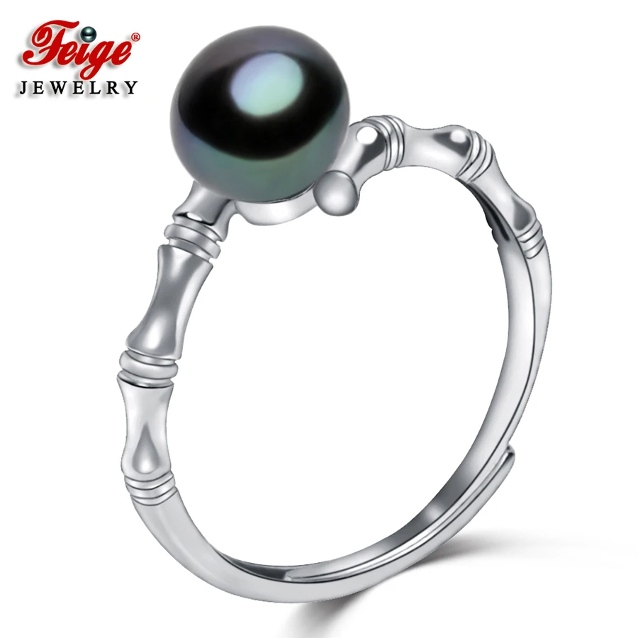 

FEIGE 100% 925 Sterling Silver Bamboo-shaped Rings 6-7mm Black Freshwater Pearl Ring For Female Fine Jewelry