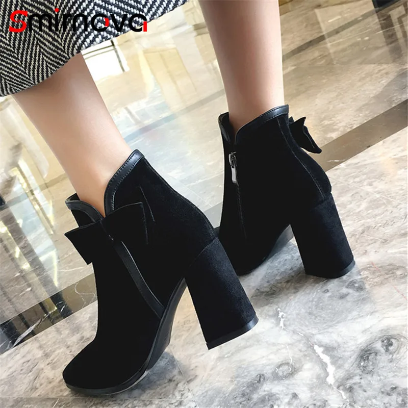 

Smirnova fashion 2020 autumn winter cow suede leather boots popular butterfly knot woman boots square heels ankle boots ladies