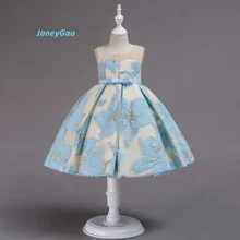 JaneyGao Flower Girl Dresses For Wedding Party Fresh Blue Pink Yellow Girl Princess Dress Embroidery With Button Bow New Style fresh pink and white flower girl dresses knee length crystals rhinestones princess pageant dress with bow 1st birthday outfit
