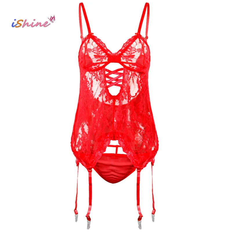 

iShine Sexy Lingerie Hot Plus Size Lace Strappy Hollow Out Cross Backless Babydoll sleepwear + G-String+ Garters Erotic Costumes