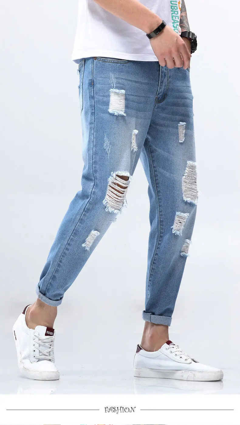 Fashion Men Jeans Solid Pencil Pants Cotton Cargo Jeans Pant Simple Color Male Trousers Youth Full Length Brand Hollow Out Jeans 04