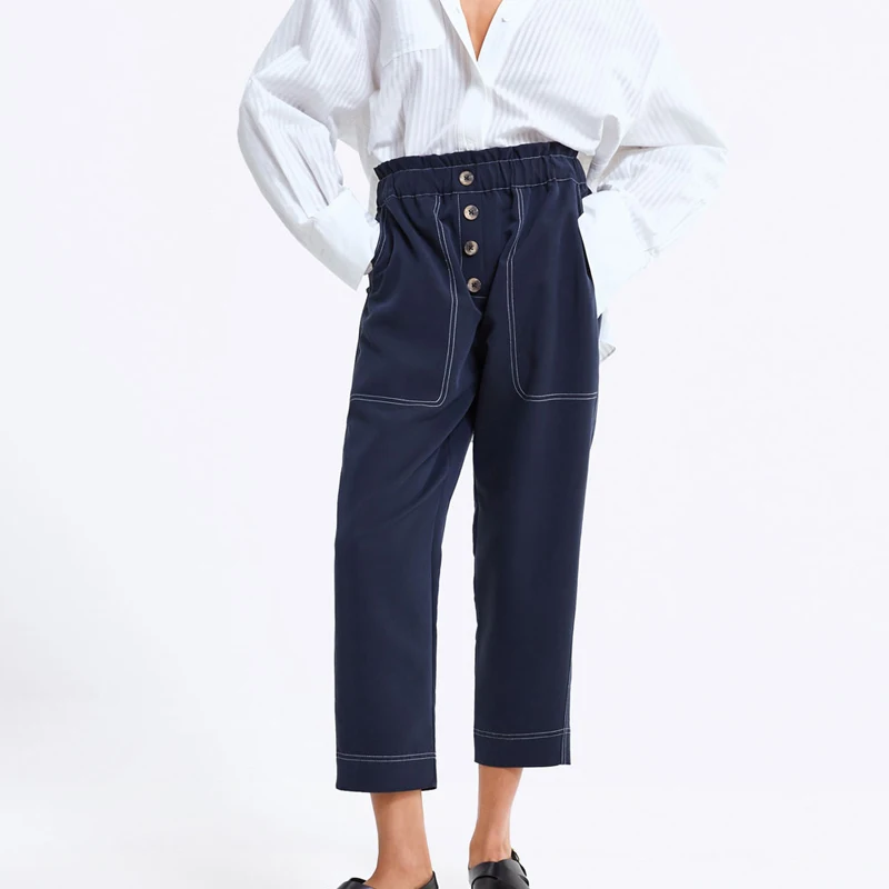 

Summer pants women casual high waist pants blue women clothes 2019 button decoration loose pants