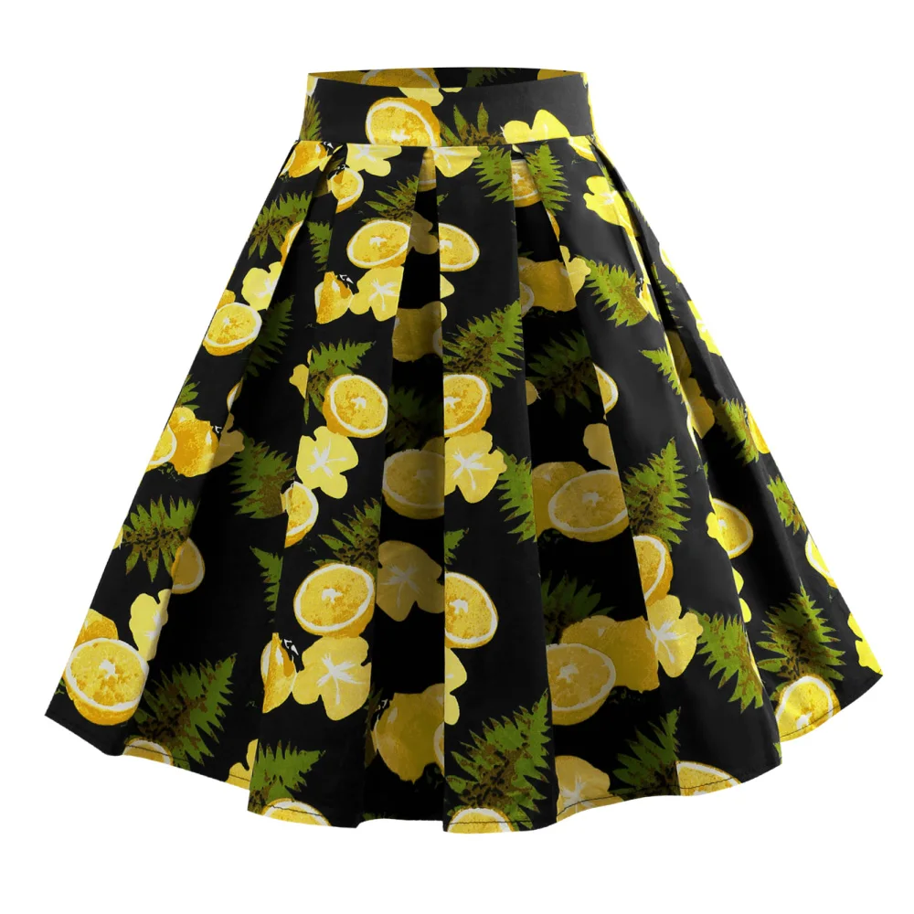Wipalo Lemon Print High Waist Vintage Skirt Women Plus Size Black