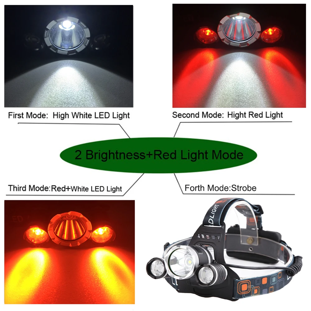 Дропшиппинг 3 светодиодный 4 режима светодиодный налобный фонарь красный светильник наружный головной светильник водонепроницаемый Головной фонарь для кемпинга 18650 батарея