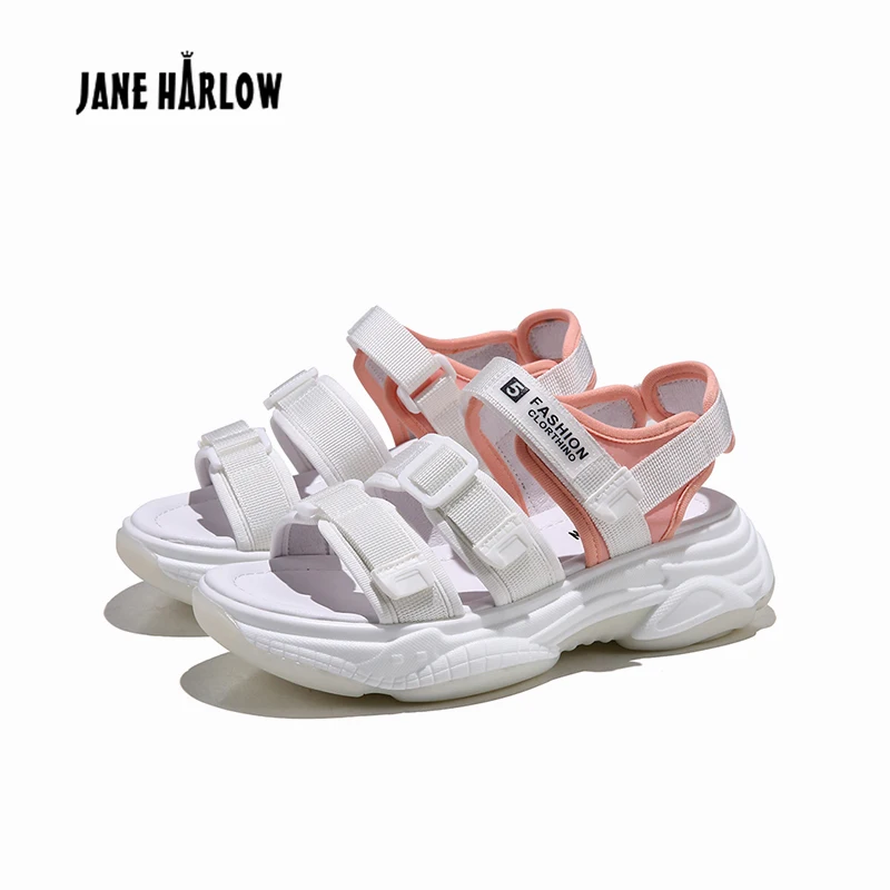 

JANE HARLOW Sports Sandals For Summer 2019 New Flat Students Thick Bottom Muffin Leisure Beach White Shoes Colorful Girls Shoes