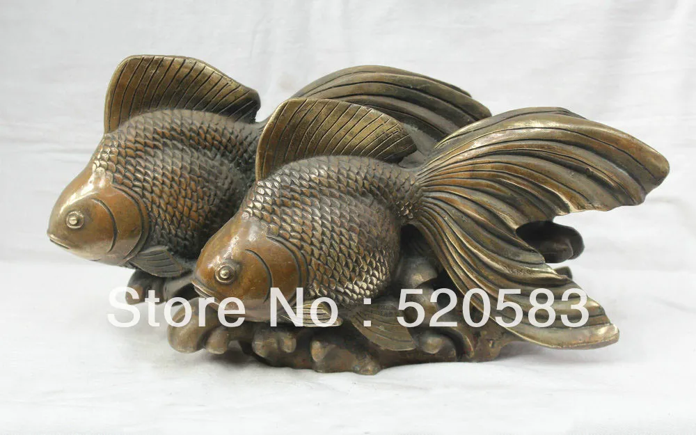 13" Lovely Asian Chinese Fengshui Copper Bronze Two Goldfish Fish