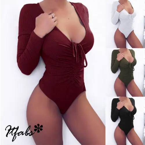 

Fashion Women V Neck Long Sleeve Bodysuit Jumpsuit Slim Long Sleeve Cross-Tied Solid Bodysuits