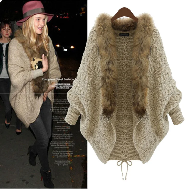 

Autumn New 2017 Knitting Cardigan Sweater Jacket Women Fur Collar Sweaters Coat Womens Bat Sleeve Loose Large Size Sweater