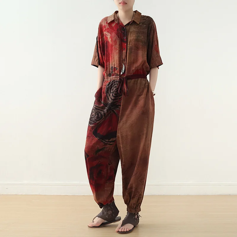 

Johnature 2019 Summer New Print Floral Jumpsuits For Women Belt Turn-Down Collar Short Sleeve Loose Women Vintage Jumpsuits