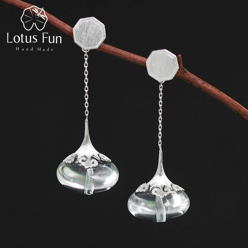 Lotus Fun Real 925 Sterling Silver Modern Chinese Style Handmade Designer Fine Jewelry Natural Crystal Drop Earrings for Women