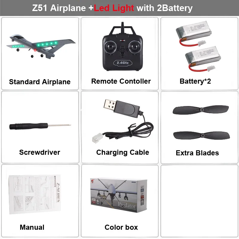 Радиоуправляемый самолет Z51 20 минут время полета планер 2,4 г Летающая модель с светодиодный ручной метание размах крыльев самолет из пеноматериала игрушки для детей - Цвет: LED Light 2B Box