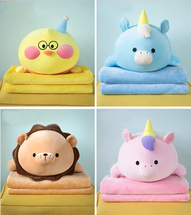 

2 in 1 Cute Cartoon Children Plush Flannel Fleece Blanket Seat Car Cushion Yellow Pillow Travel Sofa Cover Summer Throws Blanket