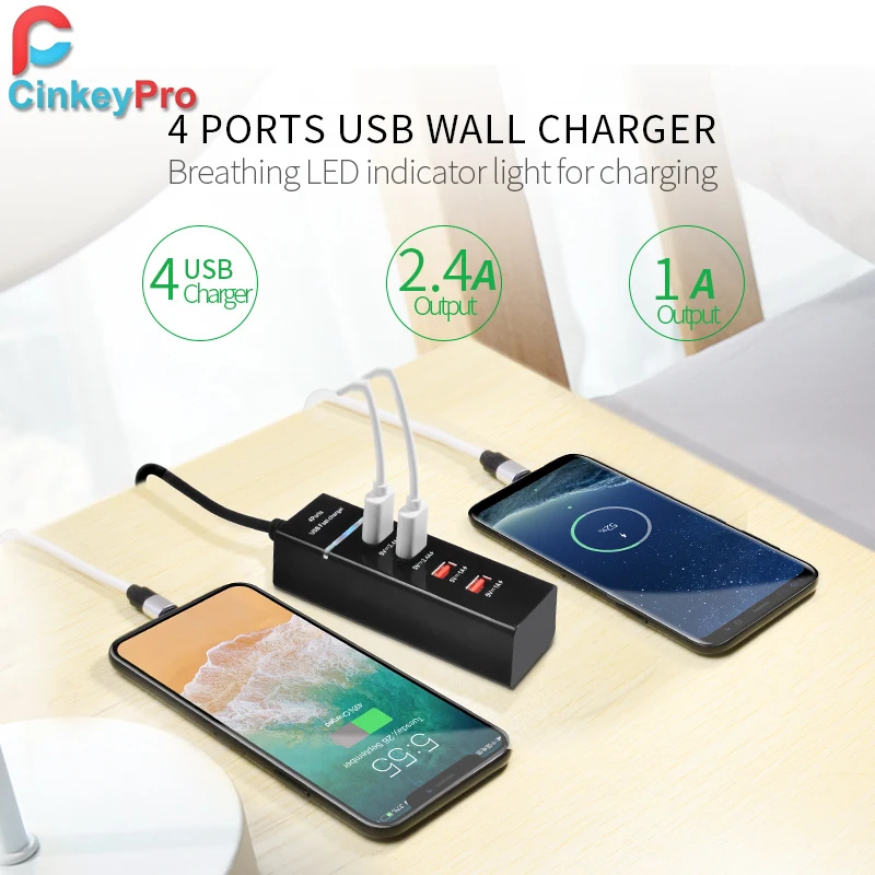 CinkeyPro 4-ميناء عالمي USB مهايئ شاحن للهاتف المحمول شاحن آيفون اللوحي Xiaomi سريع شحن مع مصباح ليد