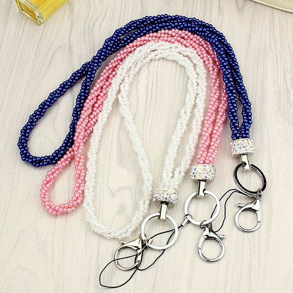 Fashion Bling Lanyard Simulated Pearl Key Ring Chain Cell Phone Badge Long Chain Crystal Pearl