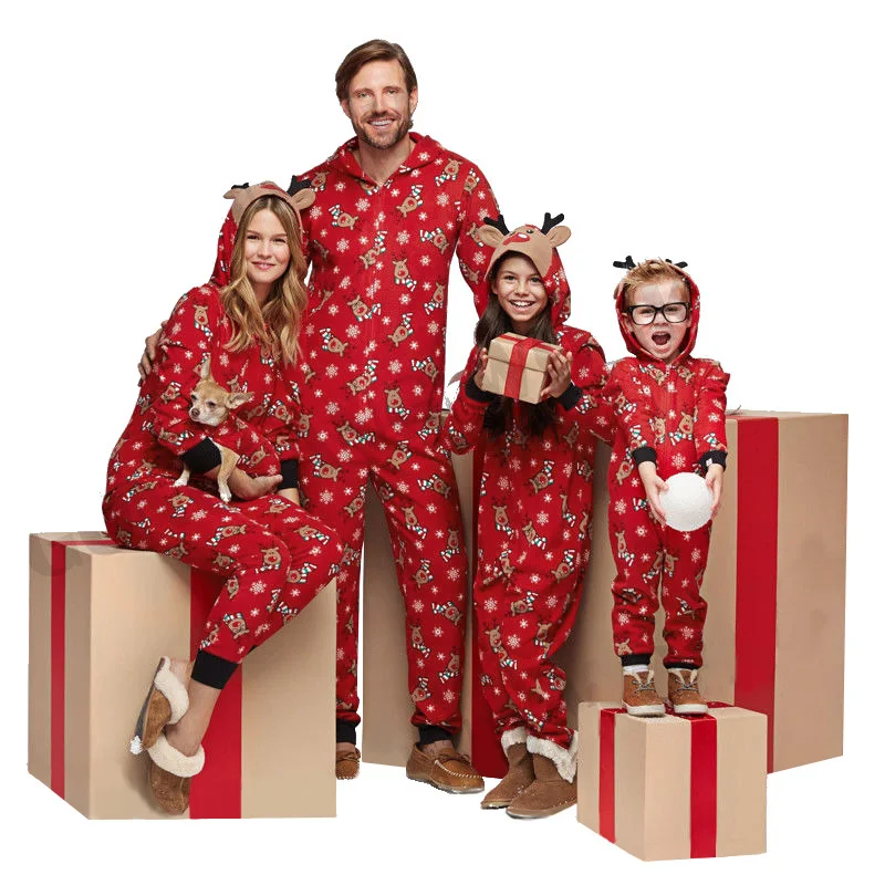 

Christmas Pajamas Family Matching Outfits Women Cartoon Deer Print Jumpsuit Xmas Sleepwear Nightwear Hooded Zipper Romper Outfit
