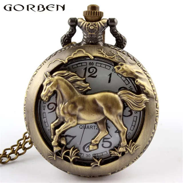 Vintage Bronze Charming Hollow Horses Quartz Pocket Watches With Chain Clock Pen Vintage Bronze Charming Hollow Horses Quartz Pocket Watches With Chain Clock Pen