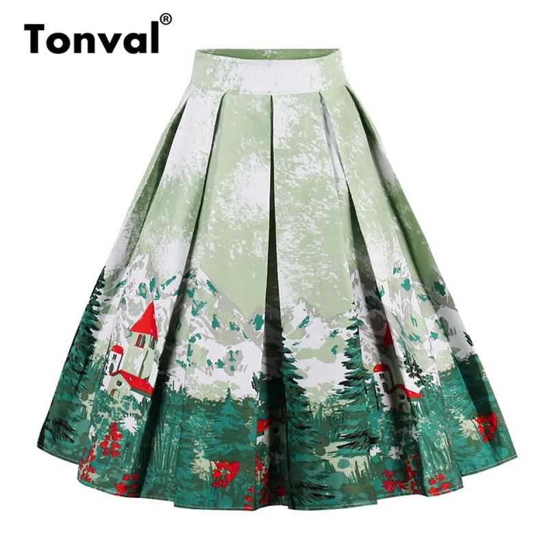 Tonval, винтажная плиссированная юбка, темно-синяя, с цветочным принтом, высокая талия, юбки для женщин, Ретро стиль, для школы, летняя,, юбка - Цвет: snowberg