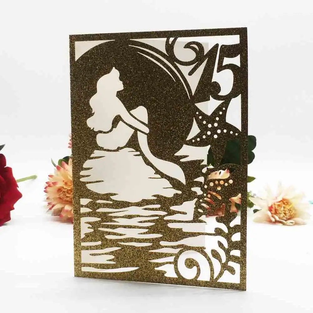 

50pcs Laser Cut Mermaid Pattern Wedding Invitation Card 15th Girl Birthday Invitations Greeting Card Holiday Party Decorations