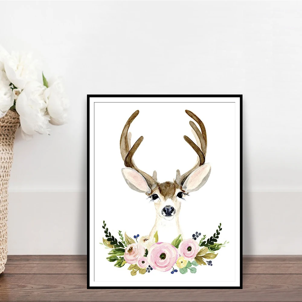 Акварель с принтом оленя Детская Wall Art Картина изображением животных Картины реб