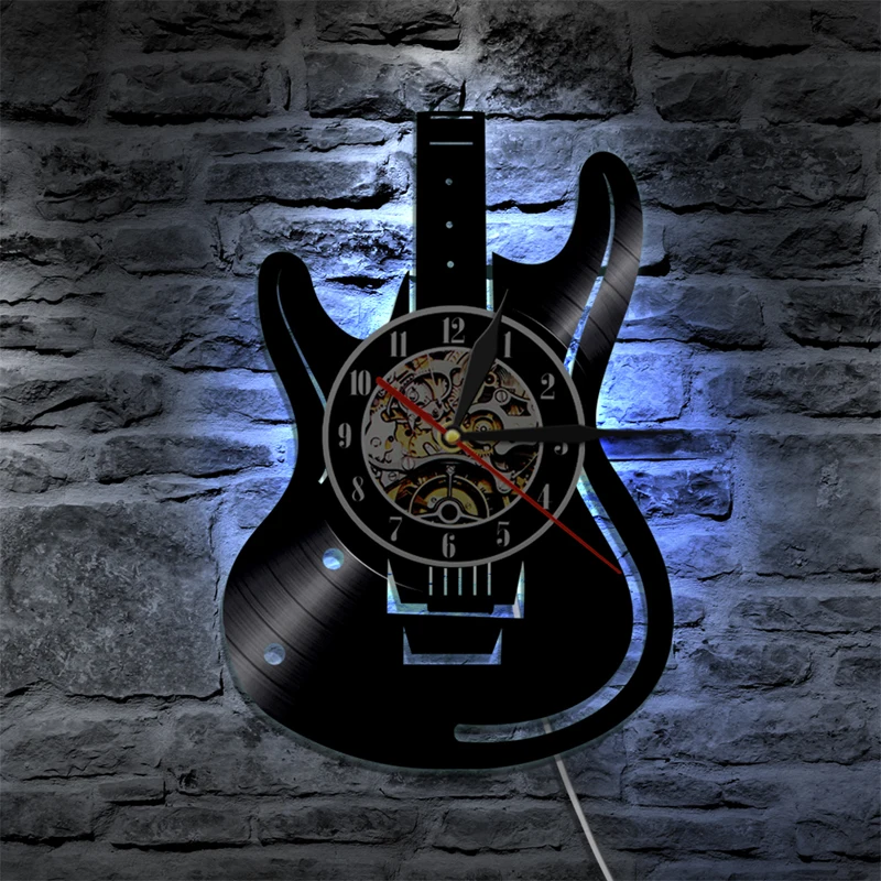 Виниловая пластинка светодиодный настенные часы современный дизайн Музыкальная Тема часы с изображением гитары настенные часы домашний декор Музыкальные инструменты подарок для музыки любовь