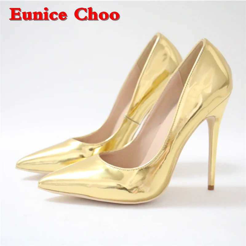 Gold Patent Leather Stilettos High Heels Pumps Women Eunice Choo 2018 Spring Lady Office Slip on