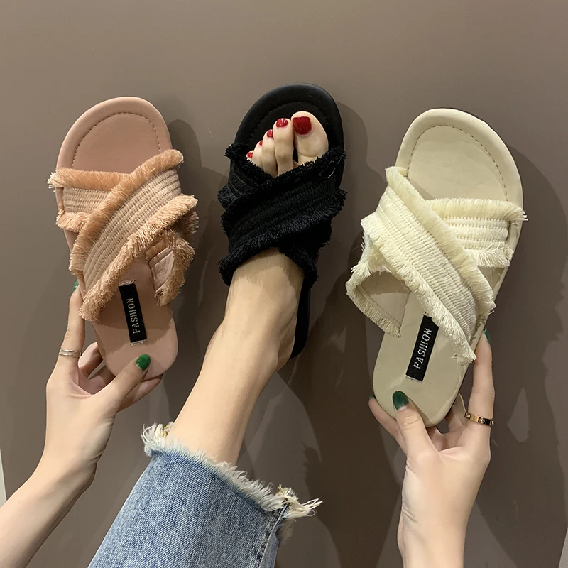 

Shoes Fringe Flat Slippers Designer Slides Shose Women Cross-tied Low Soft Luxury Sliders 2019 Fabric Fashion PU Rubber
