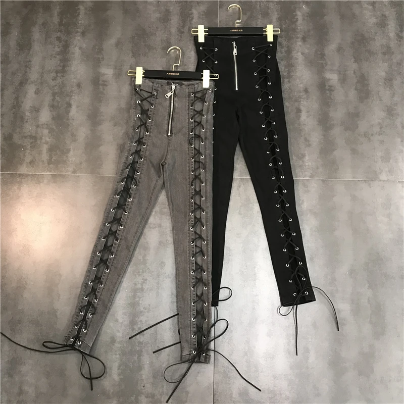 

2019 spring new strap zipper drawstring stretch Slim trend pencil pants jeans pants