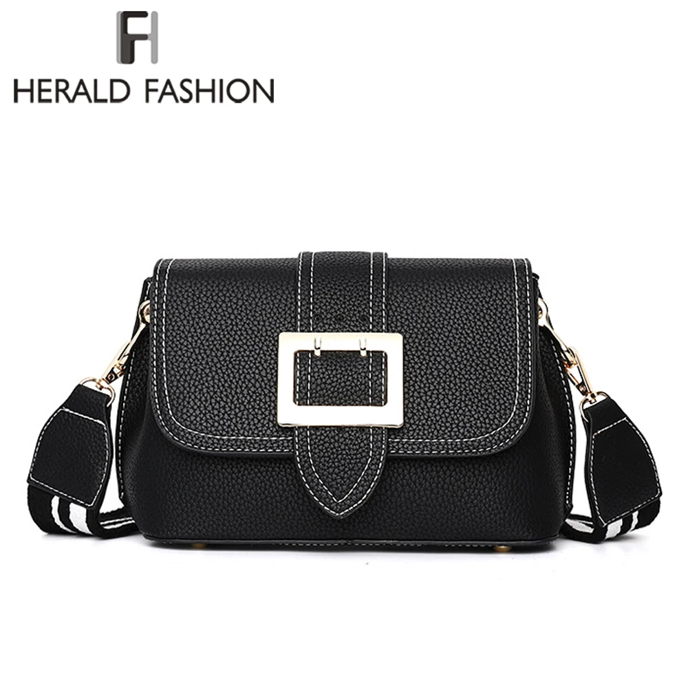 

Herald Fashion Quality Women Leather Shoulder Bag Wide Strap Female Messenger Bags Causal Lady's Panelled Flap Crossbody Bag