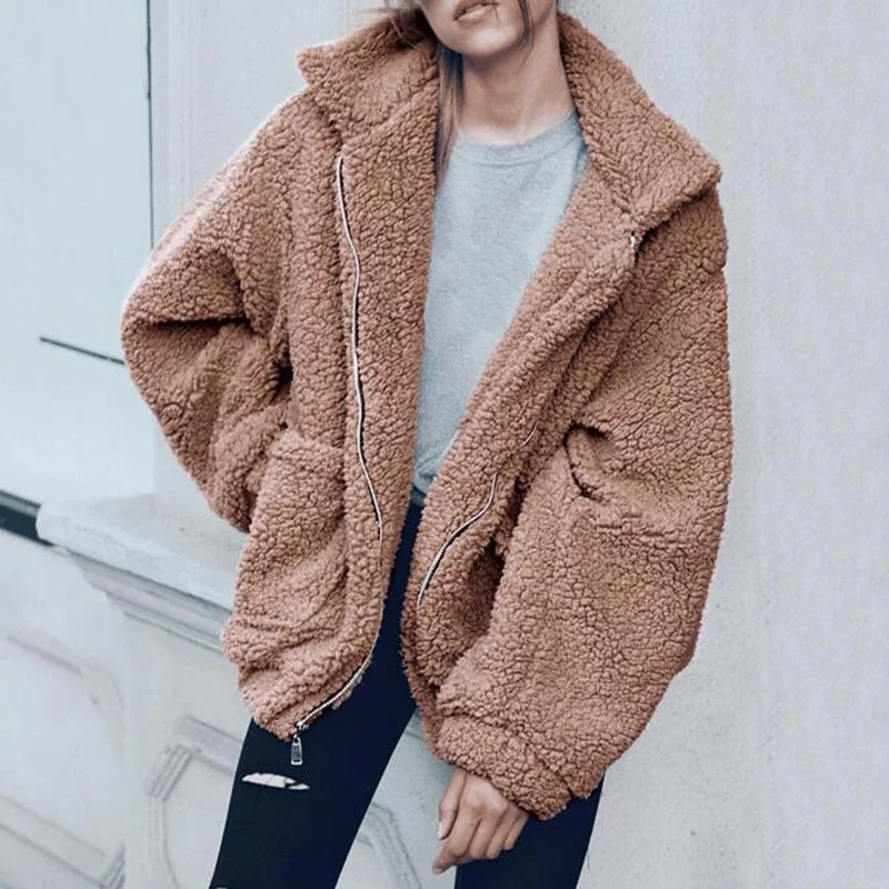 

Lossky Women Autumn Winter Elegant Faux fur Coat Turn-down Collar Thick Warm Fur Pockets Fur Jacket Female Casual Plush Overcoat