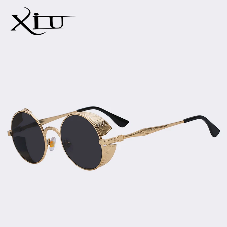 XIU готические мужские солнцезащитные очки в стиле стимпанк, винтажные металлические мужские солнцезащитные очки, женские круглые солнцезащитные очки, ретро очки, высокое качество, UV400 - Цвет линз: Gold w black