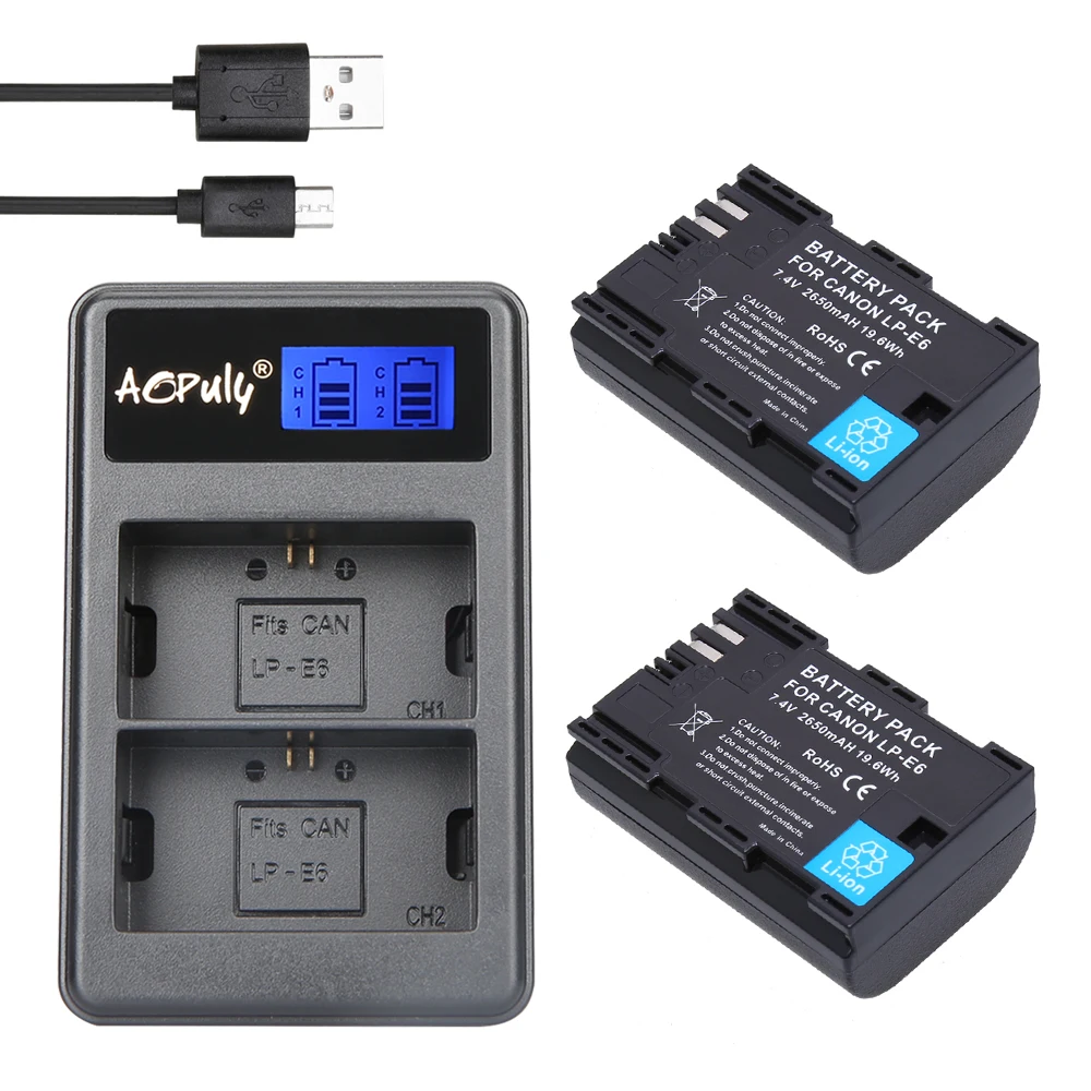 2* Full 2650mAh LP E6 LP E6 E6 battery +LCD Display USB Dual Charger 2