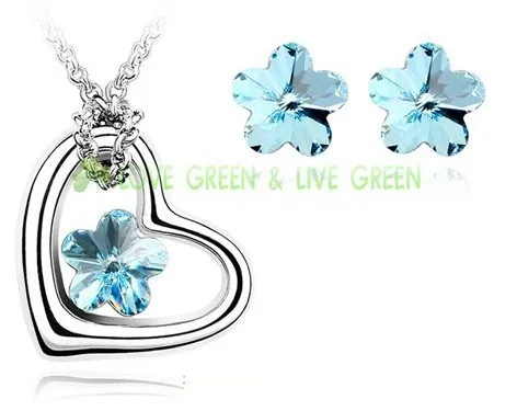 

OMH wholesale Heart Flower 18KT white gold Austrian crystals fashion Pendant Earrings + necklace Jewelry set 4036