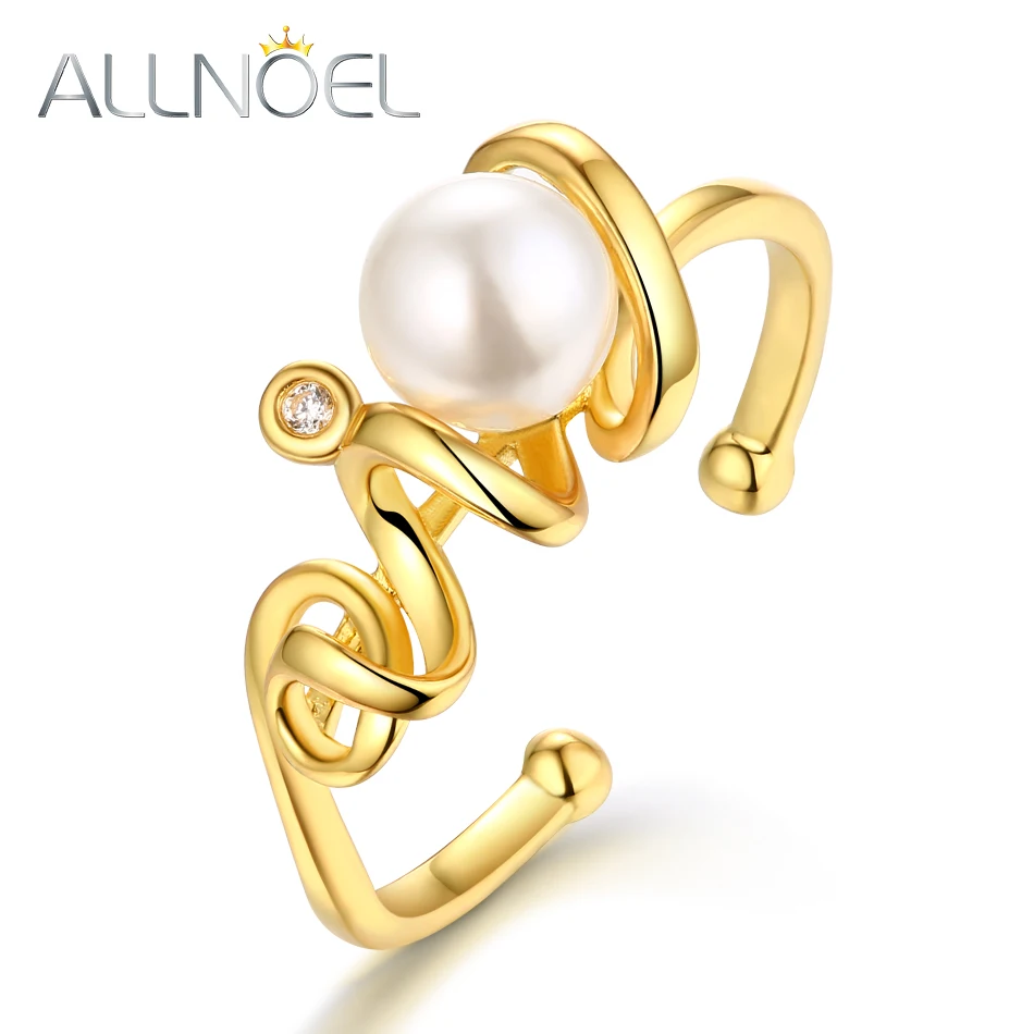 

ALLNOEL Luxury Gold Color Pearl Ring For Women Win Unique Open Design AAA Zircon Shell Pearl Rings Engagement Wedding Bands Gift