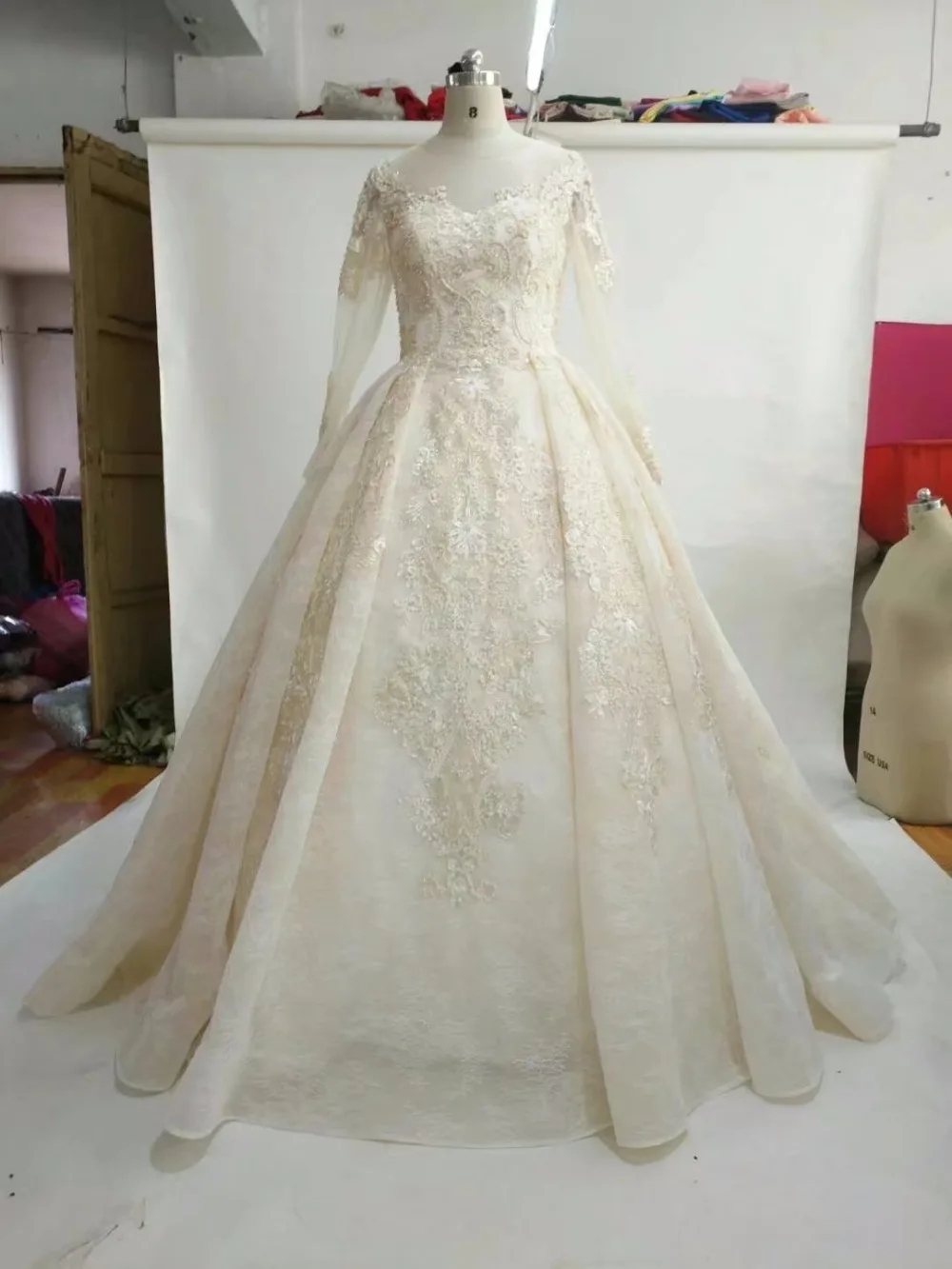 Champagne Princess Wedding Dresses Ball Gown Long Sleeves Sheer Neck Pearls Lace High Quality