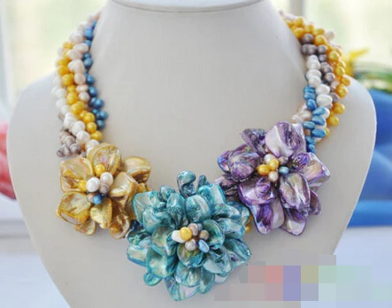 

3123 5row Multicolor rice freshwater pearl shell flower necklace