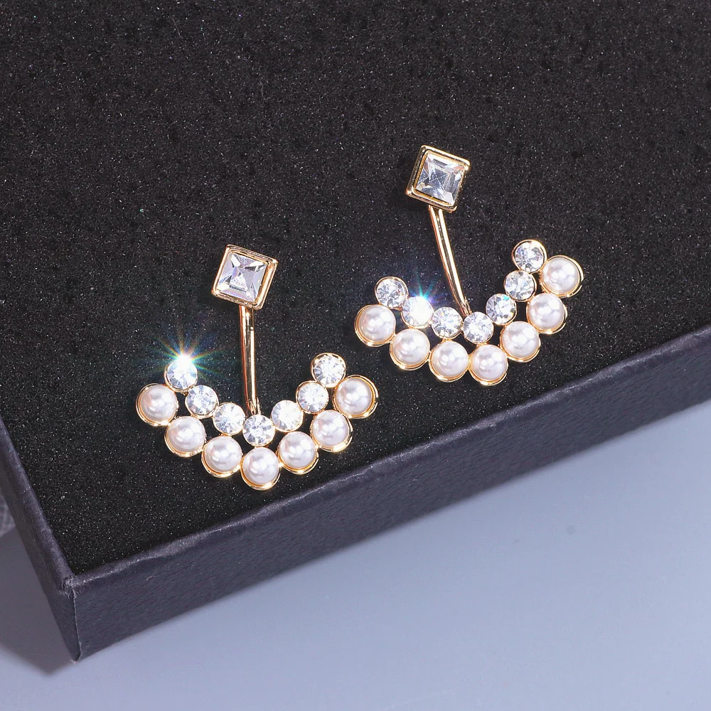 

Korean Trendy Imitation Pearl Stud Earring For Women Gold Color Geometry Front Back Double Sided Earring Wedding Crystal Jewelry