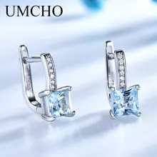UMCHO, настоящее 925 пробы, серебряные серьги, драгоценный камень, квадратный, создан небесно-голубой топаз, клипсы для женщин, Трендовое ювелирное изделие, Новинка