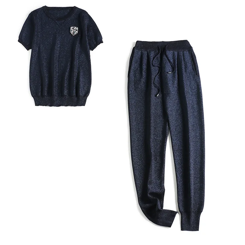 Blue Plus size 2 pcs set women knit wide straight pants+ sweater sets trousers women suit two piece set Costumes for women - Color: Blue