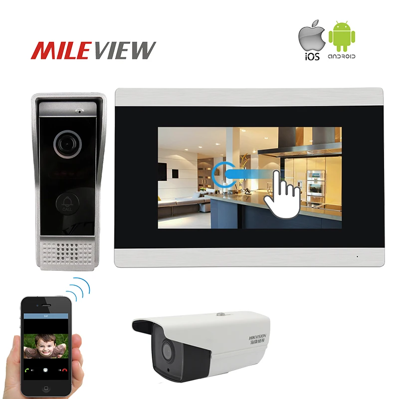 

Free Shipping 720P IP WIFI 7" Touch Screen Video Intercom Door Phone Record Monitor Kit for Phone 1.0MP IP Bullet CCTV Camera
