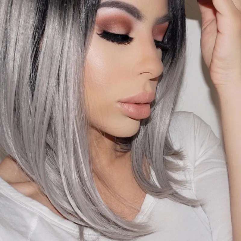 Omber Silver Gray Corto Pelucas Sinteticas Del Pelo Recto Natural Negro Gris Bob Peluca Para Mujer Blanco Negro A Prueba De Calor De La Senora Peluca Grey Bob Wig Wigs For Blacksladies Wigs