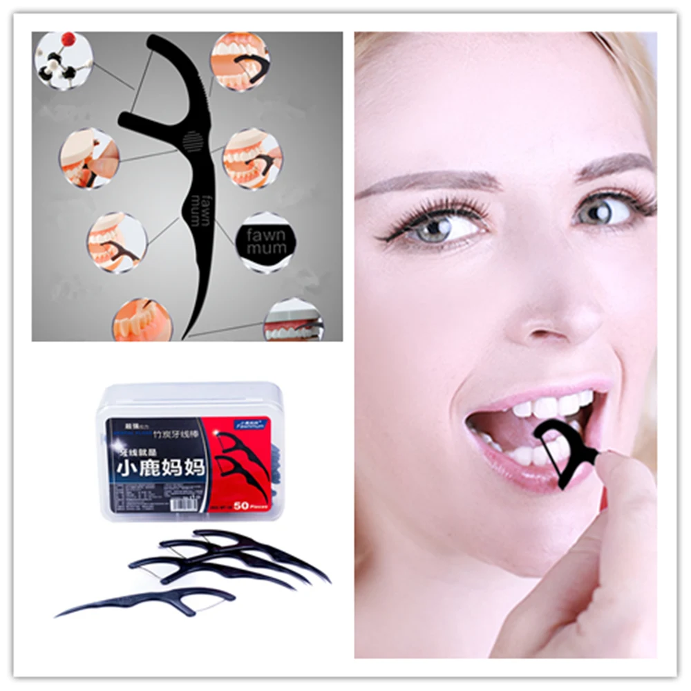 

50pcs/Set Bamboo Charcoal Black Dental Floss Teeth Stick Tooth Pick Interdental Brush Teeth Clean Toothpick Flosser With Box