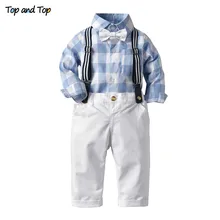 Топ и топ, комплект одежды джентльмена для маленьких мальчиков, клетчатая галстук-бабочка с длинными рукавами, рубашка, блузка+ штаны на подтяжках, детская повседневная одежда