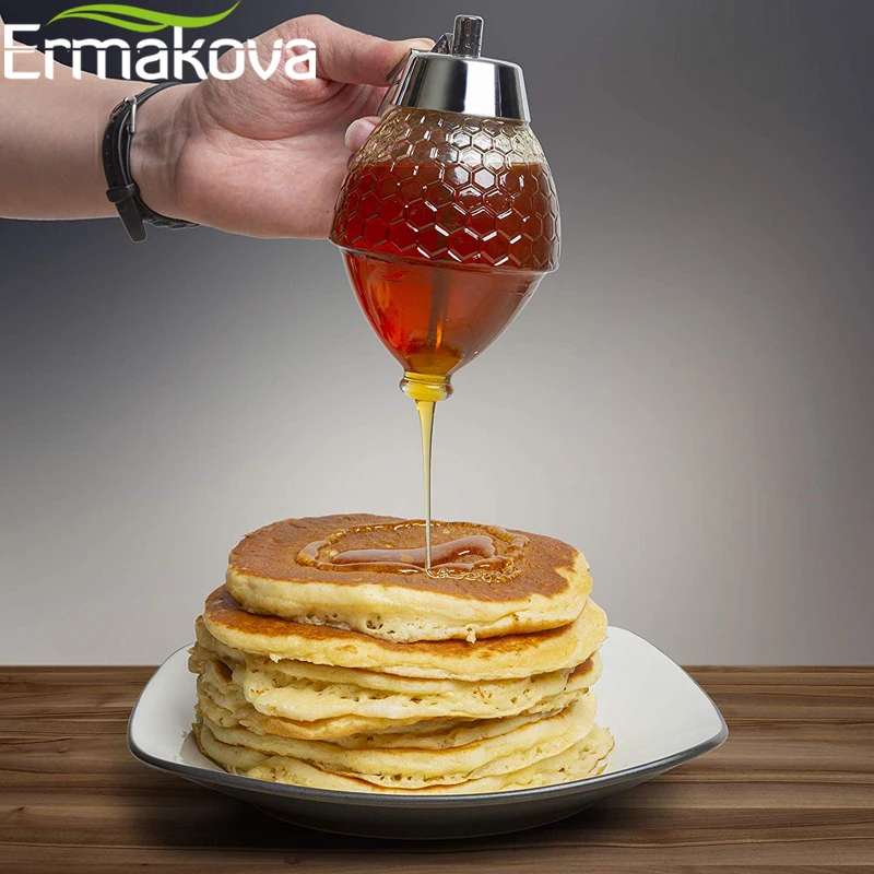 

ERMAKOVA Honey Dispenser 200ml Non-drip Syrup Sugar Jar Dispenser Container with Storage Stand Holder 7-Ounce Capacity