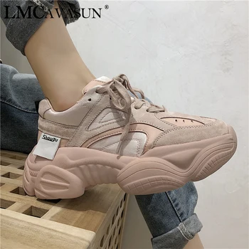

LMCAVASUN Platform Shoes Women Fashion Sneakers Women Thick Sole Chunky Shoes PU Leather Upper Dad Shoes DM61